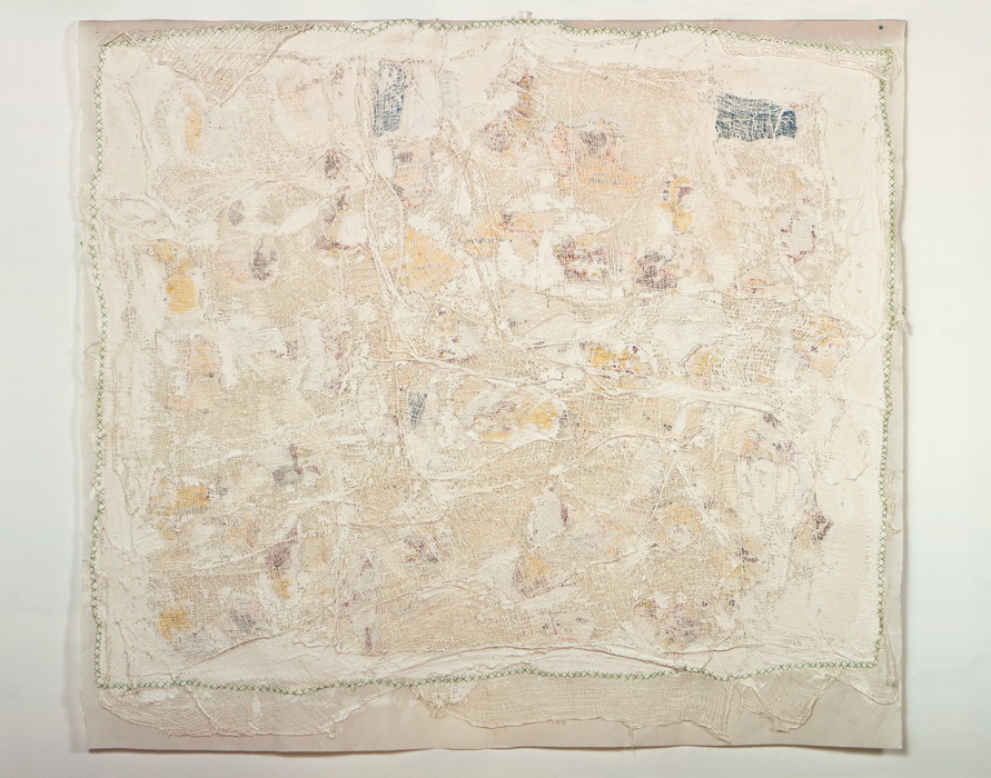 Fabric, map, bandages, plaster and green thread 151X134 cm Wounded Land Map
