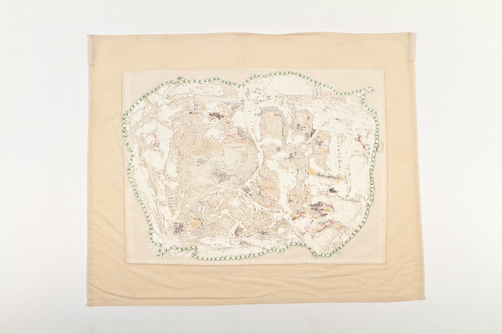 Fabric, map, bandages, plaster and green thread
88X71 cm Wounded Land Map