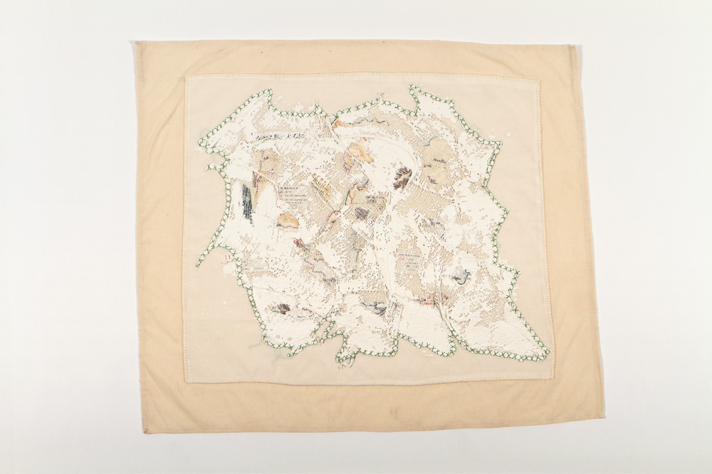 Fabric, map, bandages, plaster and green thread
86X71 cm Wounded Land Map