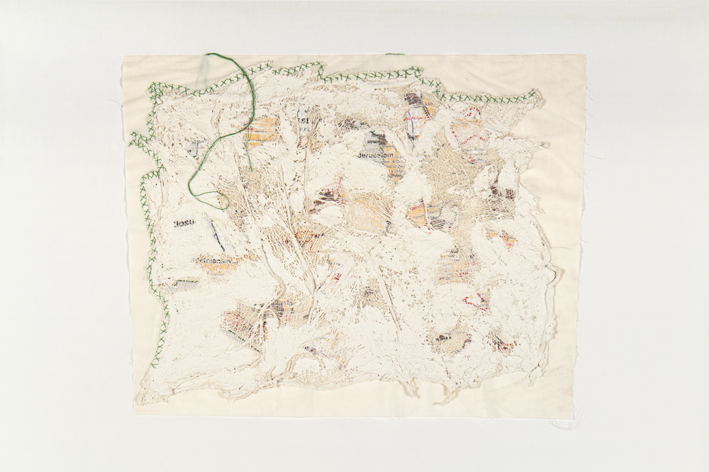 Fabric, map, bandages, plaster and green thread Wounded Land Map