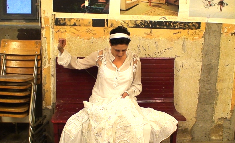 Sewing 'Jerusalem Wounded Map' at the Cabaret Voltaire in Zurich, photo by Martin Burr Dada-Jerusalem 002