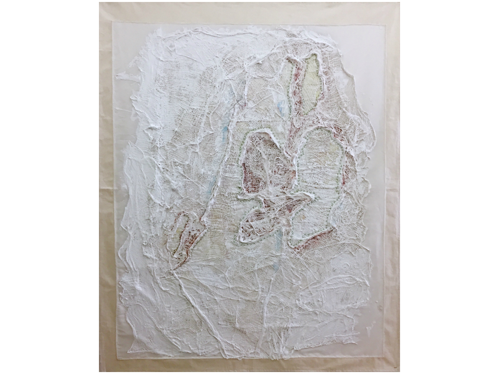 Grafted Land (2016-17), a series based on the touristic map of the Holy Land by the Palestine Mapping Center, PalMap, fabric, paper, plaster, gauze, pigments and thread Grafted Land final 2017