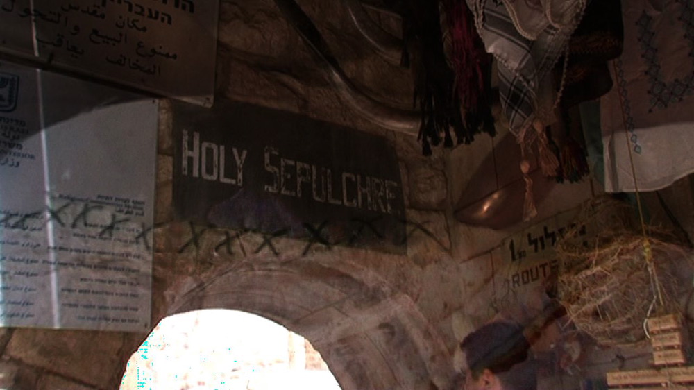 Sewing the Wounded Land Map of Jerusalem at the Holy Sepulchre, in the Christian Quarter of the Old City, Jerusalem Green Thread 012