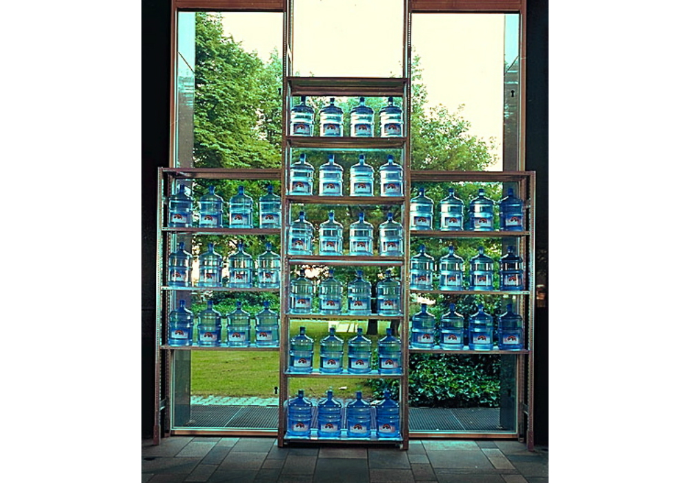 'Holy Waters' (1998), installation of 55 mineral water containers, 20 L (each) on industrial shelves and mini bar
Holy Water 002