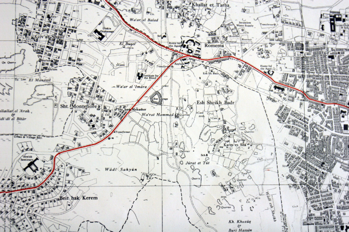 detail of a map of Jerusalem (1947),
scale 1:10,000,
compiled, drawn and printed by the Survey of Palestine 1947, Geography Department, The Hebrew University
Jerusalem 1947