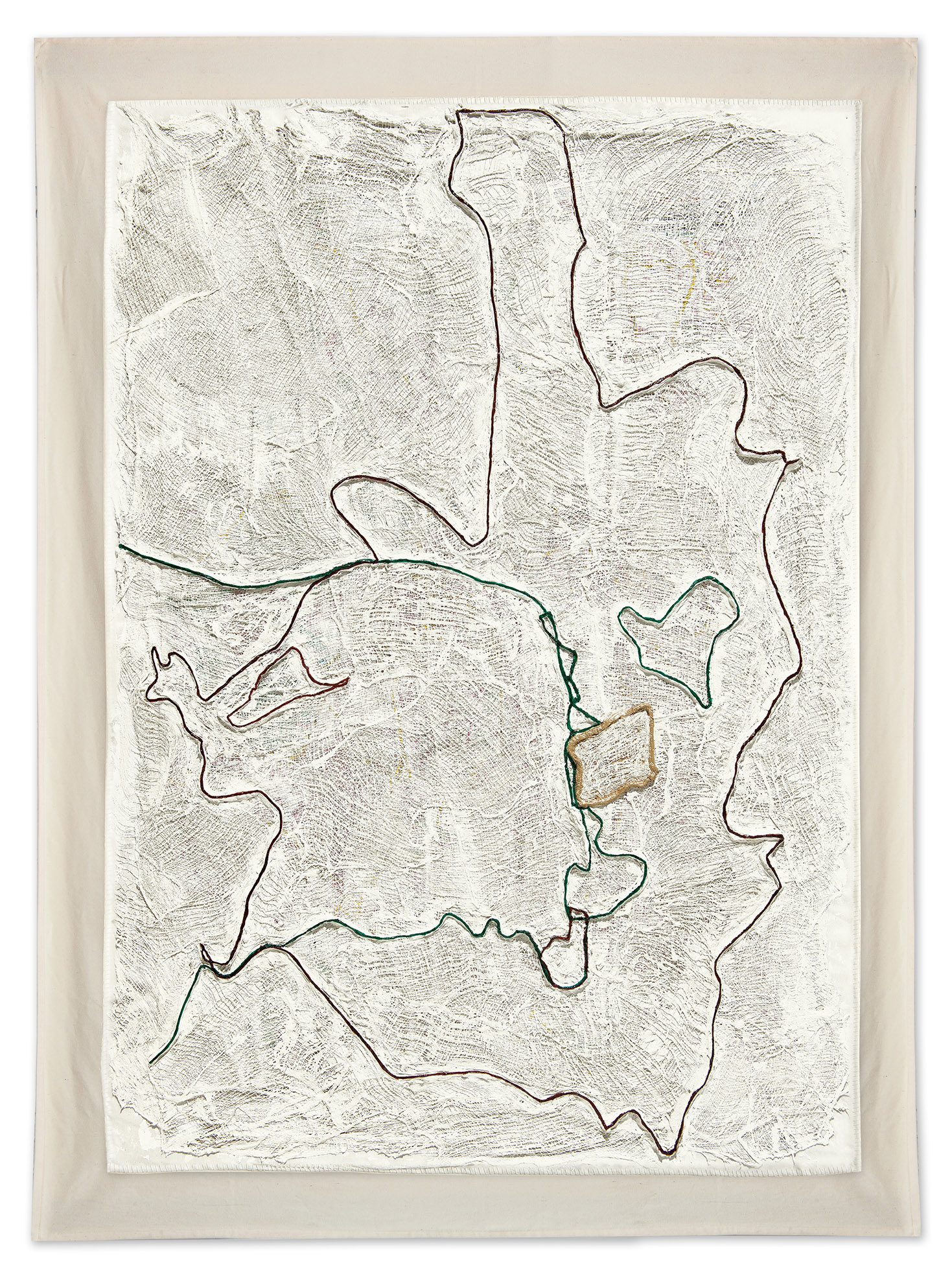 Jerusalem - Lines of Contentions 2022, based on the City Street Map of Jerusalem (1:10000) by freytag & berndt (2019) and demarcation lines on maps by Shaul Arieli, map, gauze bandages, fabric, plaster, ink and thread, 154 x 110 cm, photo Michael Amar Jerusalem 2022 01