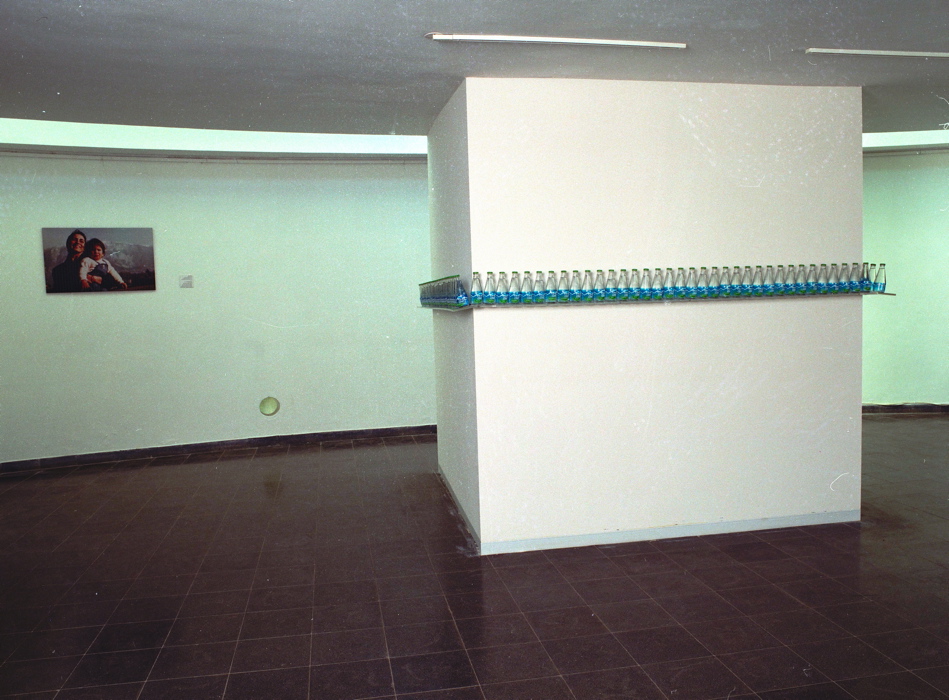 Installation, 100 bottles of Schweppes Clear on Plexiglas shelves around cubicle space enclosing the work 'Untitled' Meta Sex 01