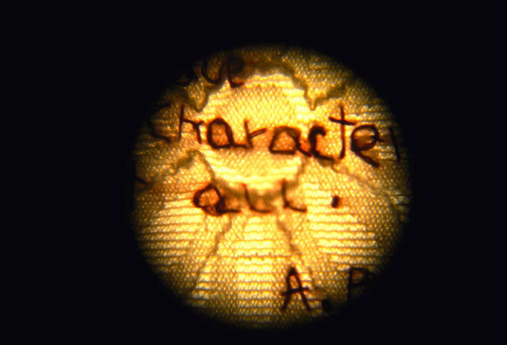 inside the slide viewer: embroidered sentence:
'Most Women have no character at all,' by Alexander Pope, photo: Oded Antman
Meta Sex 04