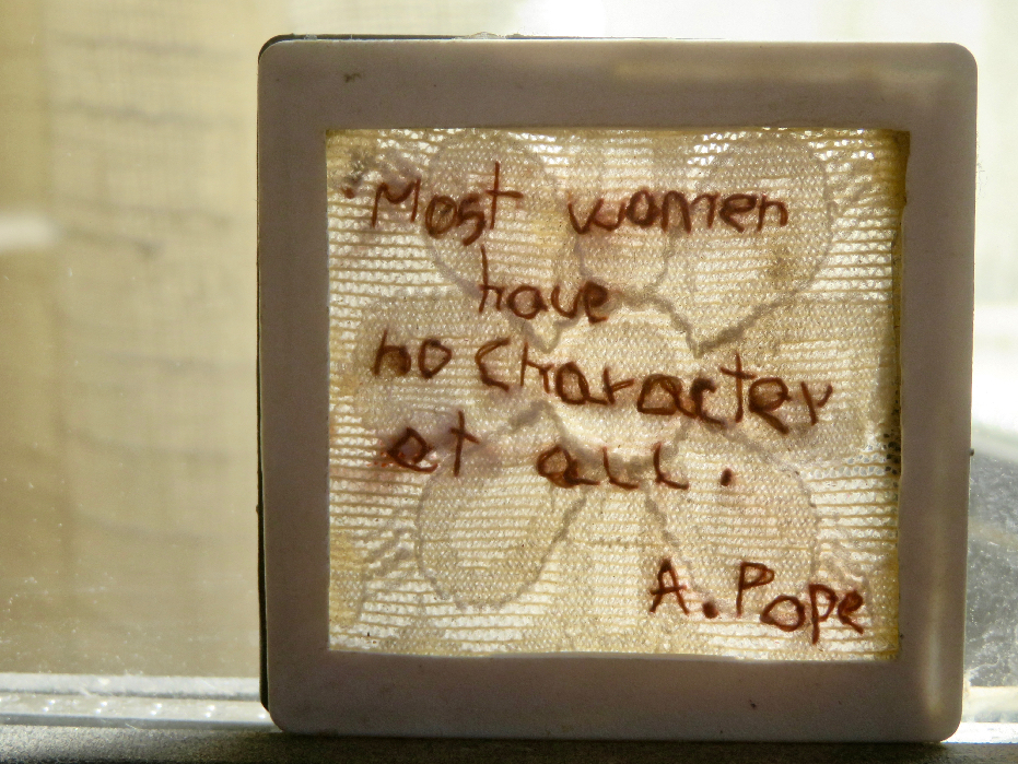 Embroidered sentence by 18 c. British poet Alexander Pope on upper lace of the stocking. Meta Sex 94 02-1
