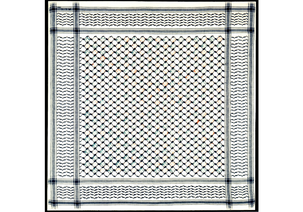 Mickey's Keffiye (1992), 198 Green and Red Mickey Mouses stamped on a Keffiye, cotton, 110x110 cm, collection, Jerome Stern, New York
Mickey’s Keffiyeh 01