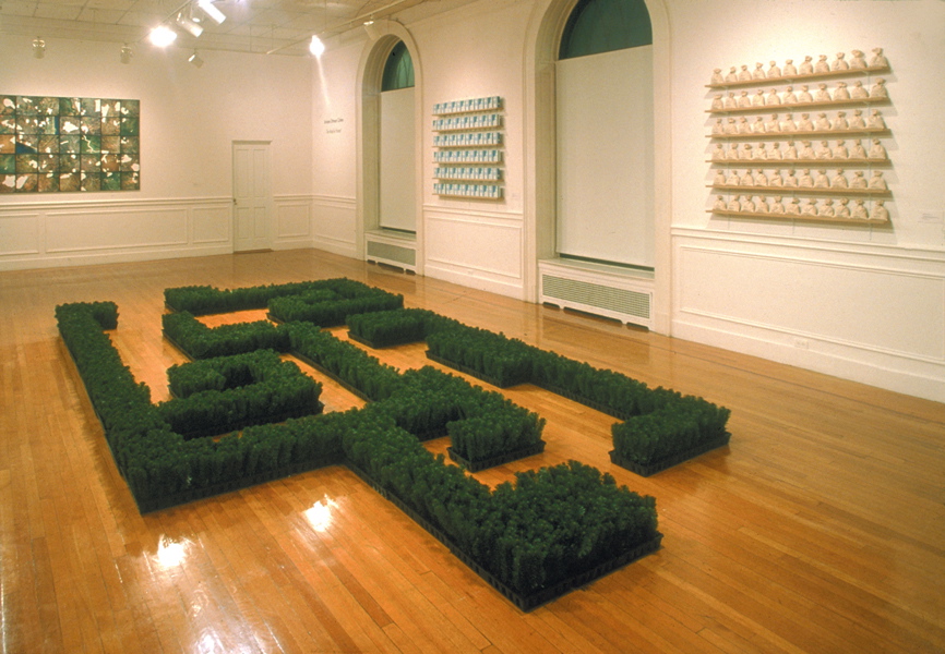 Installation at the JCC's Gershman Y Gallery in Philadelphia, Holy Land for Sale, JNF Blue Boxes, White Land and a floor sculpture with artificial christmas trees Mobile Forests 013