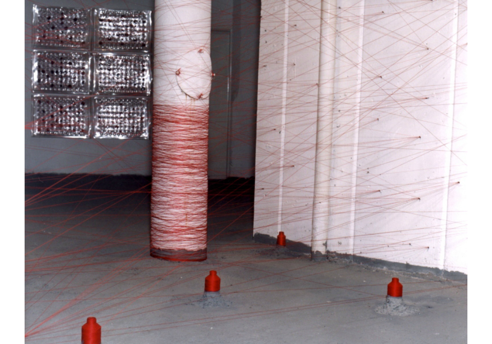 Red Lines (2003),
site specific installation,
red threads, spools and cement, variable dimensions Scar 004