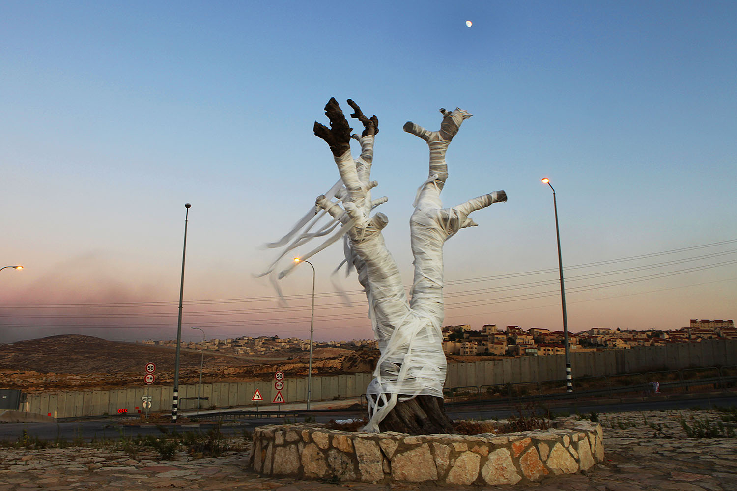 The Olive Tree, 2011, dressing a dead olive tree at at Hizme checkpoint, near Jerusalem, photo Rina Castelnuevo ariane_littman_the_olive_tree_2011_03