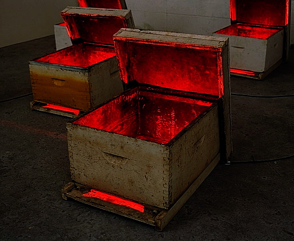 'Virgin of Israel and Her Daughters' 1994
Beehives and red lights
Wood, iron, red lights and black electric wires
30 x 41 x 56 cm (each)
Virgin of Israel 007