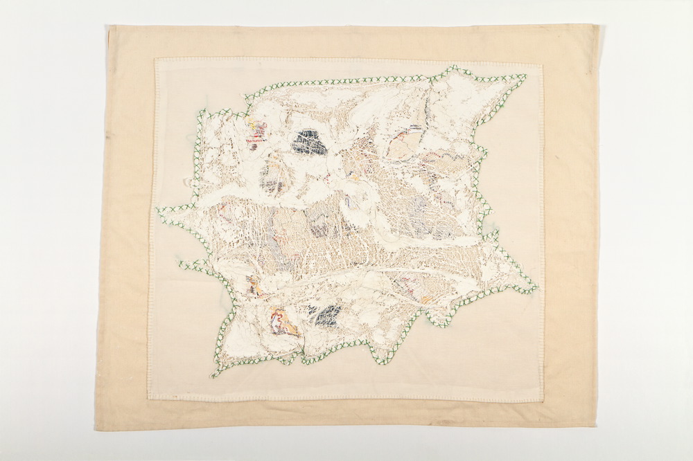 Wounded Map, from the series of Wounded Maps created between 2009-2013, fabric, closure maps of Jerusalem, gauze, plaster and green thread, 77 x 92 cm
Wounded Land 003 copy
