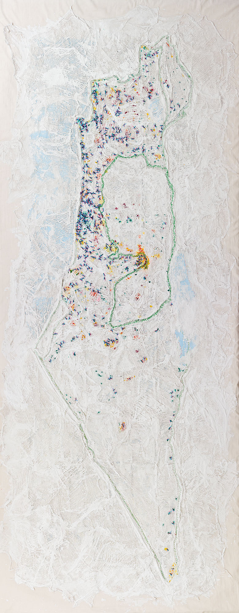 Wounded Land (2020-2021) detail, based on The Holy Land «Road Map of Israel-Palestine 1:150 000» printed by Freytag and Berndt (2016), The Corona “Traffic Light Map” of the National Emergency Portal (2020-21), The Black Flag Protest Map (2020-21), & The 'National Emergency Portal' (oref.org.il) of rocket and missile attacks on Israel & riots in mixed cities, May 2021. Map, gauzes bandages, plaster, ink, thread and fabric
340 x 170 cm
Photo: Udi Katzman Wounded Land 2021 01